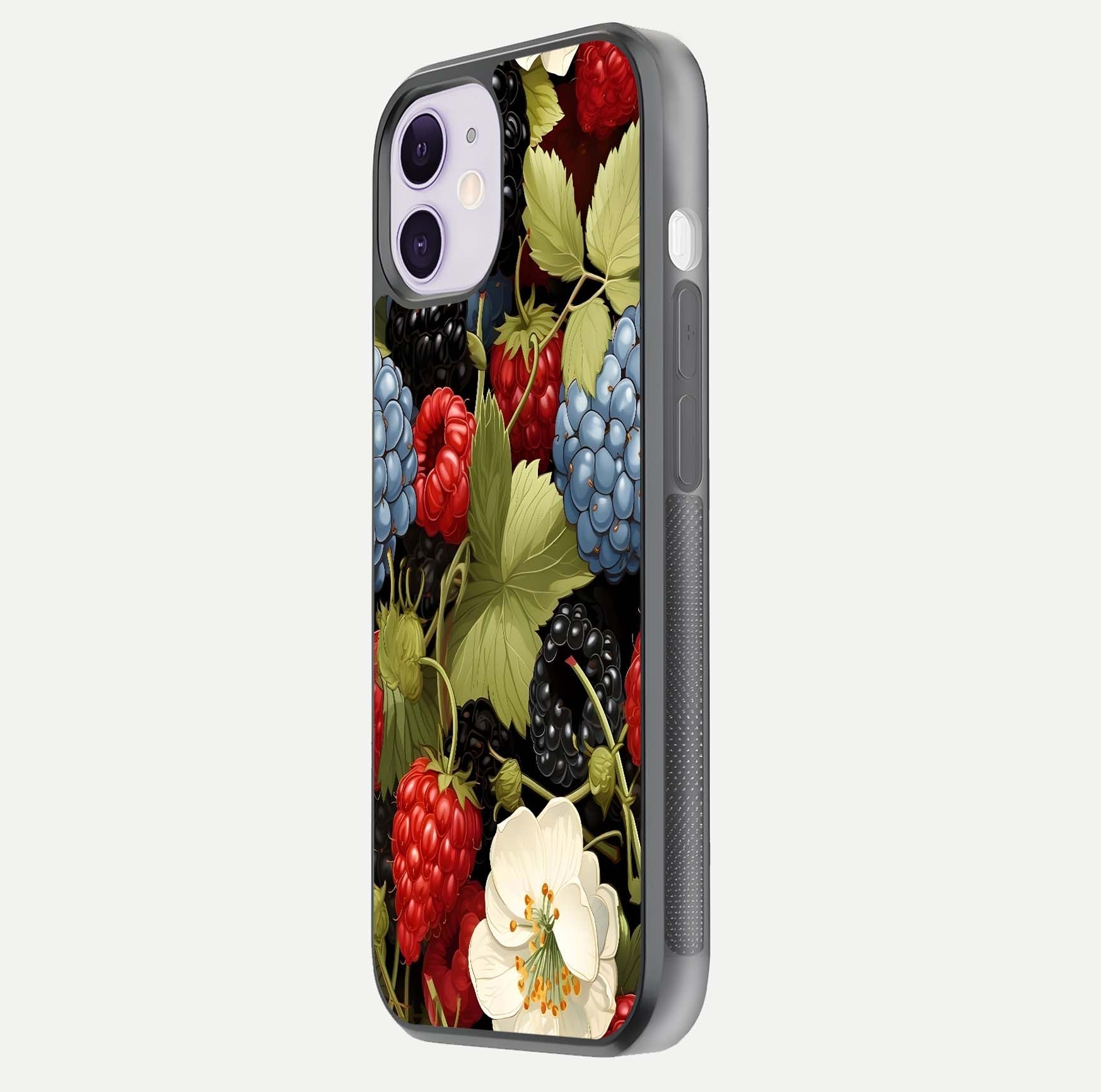 Berry Bloom Charm Glass Case for iPhone 11 side-angle image showing floral texture and high-definition print gloss