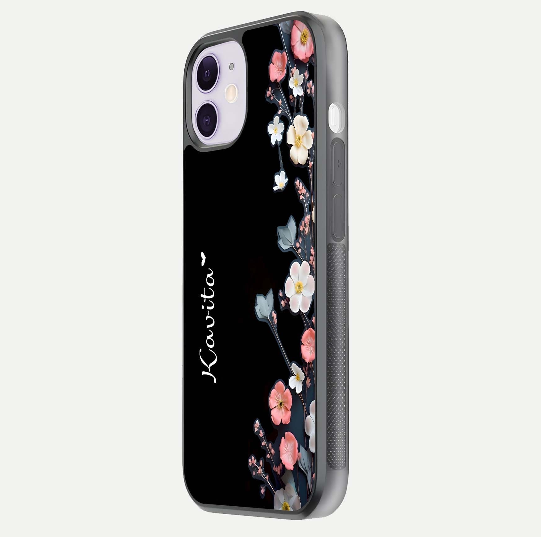 Black Elegance Floral Custom Name Glass Case for iPhone 11 side-angle showing black gloss depth and delicate print texture