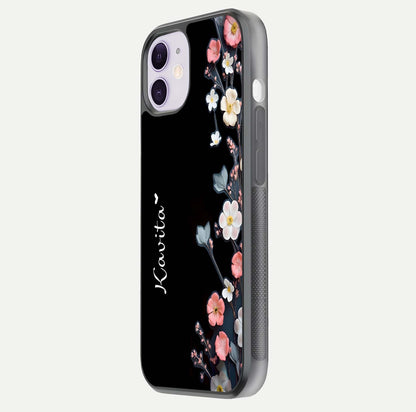 Black Elegance Floral Custom Name Glass Case for iPhone 11 side-angle showing black gloss depth and delicate print texture