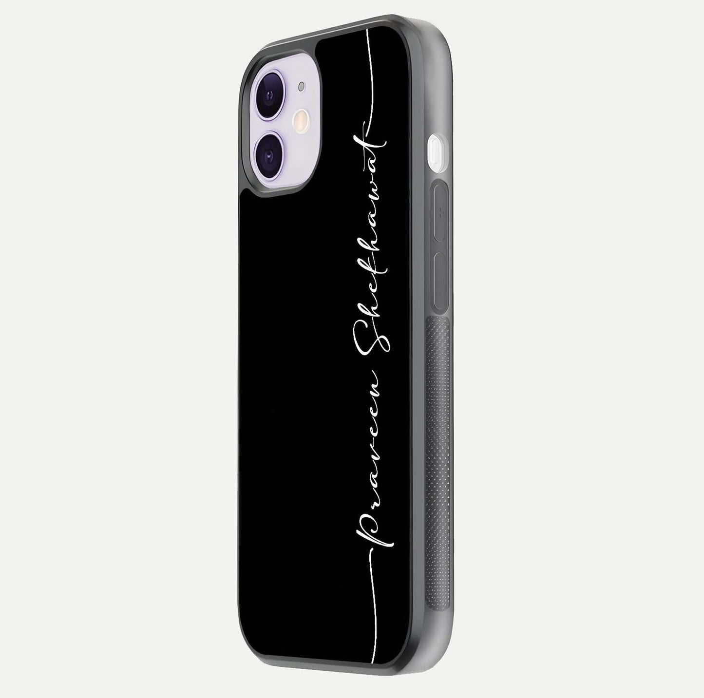 Black Tune Custom Name Glass Case for iPhone 11 side-angle photo showing mirror-like surface and slim profile