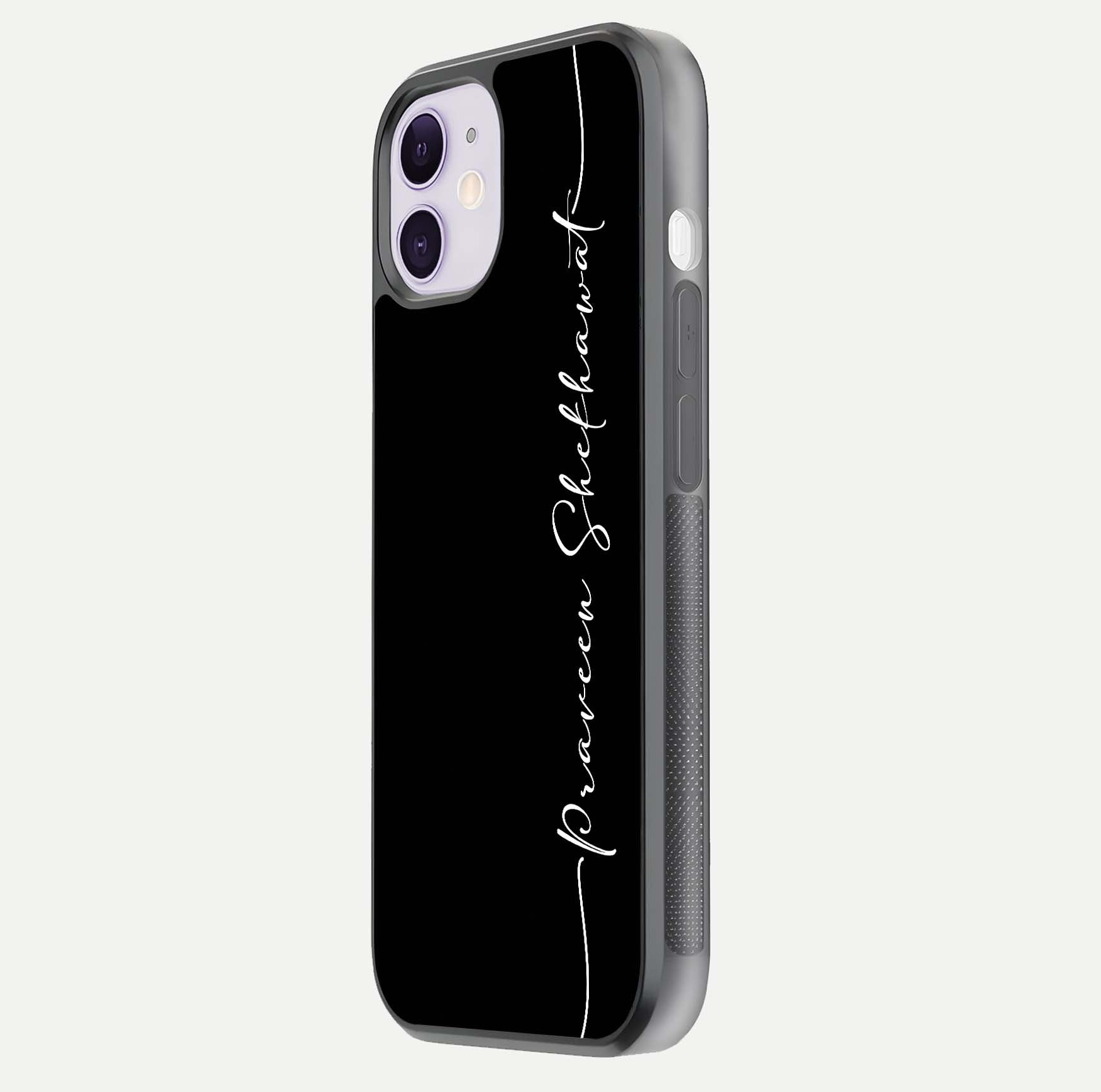 Black Tune Custom Name Glass Case for iPhone 11 side-angle photo showing mirror-like surface and slim profile