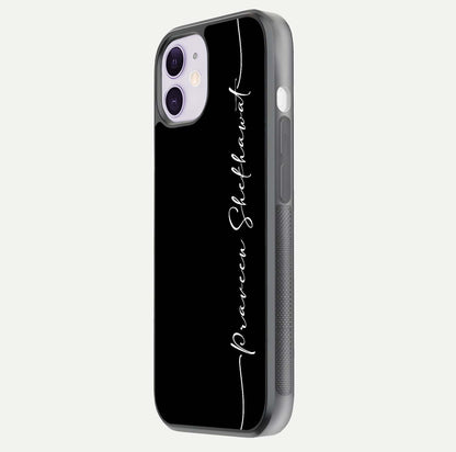 Black Tune Custom Name Glass Case for iPhone 11 side-angle photo showing mirror-like surface and slim profile