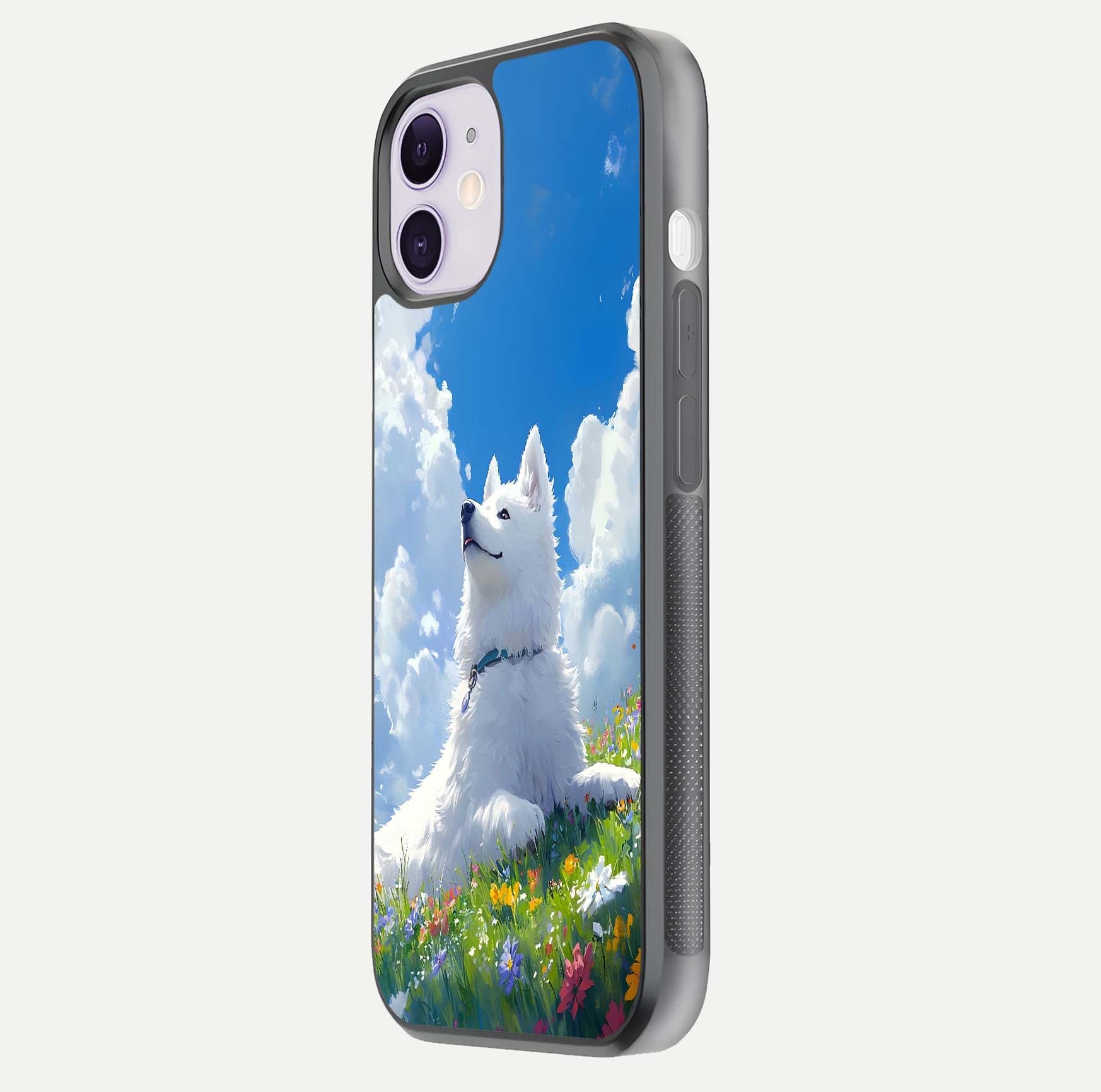 Blissful Cloud Pup Glass Case for iPhone 11 side-angle shot displaying puppy print and glossy texture