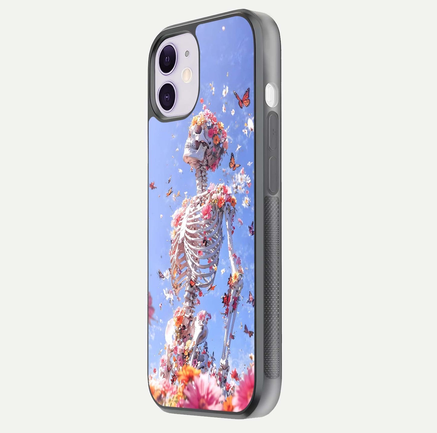 Bloom Beyond Bones Glass Case for iPhone 11 side-angle image highlighting print precision and gloss finish