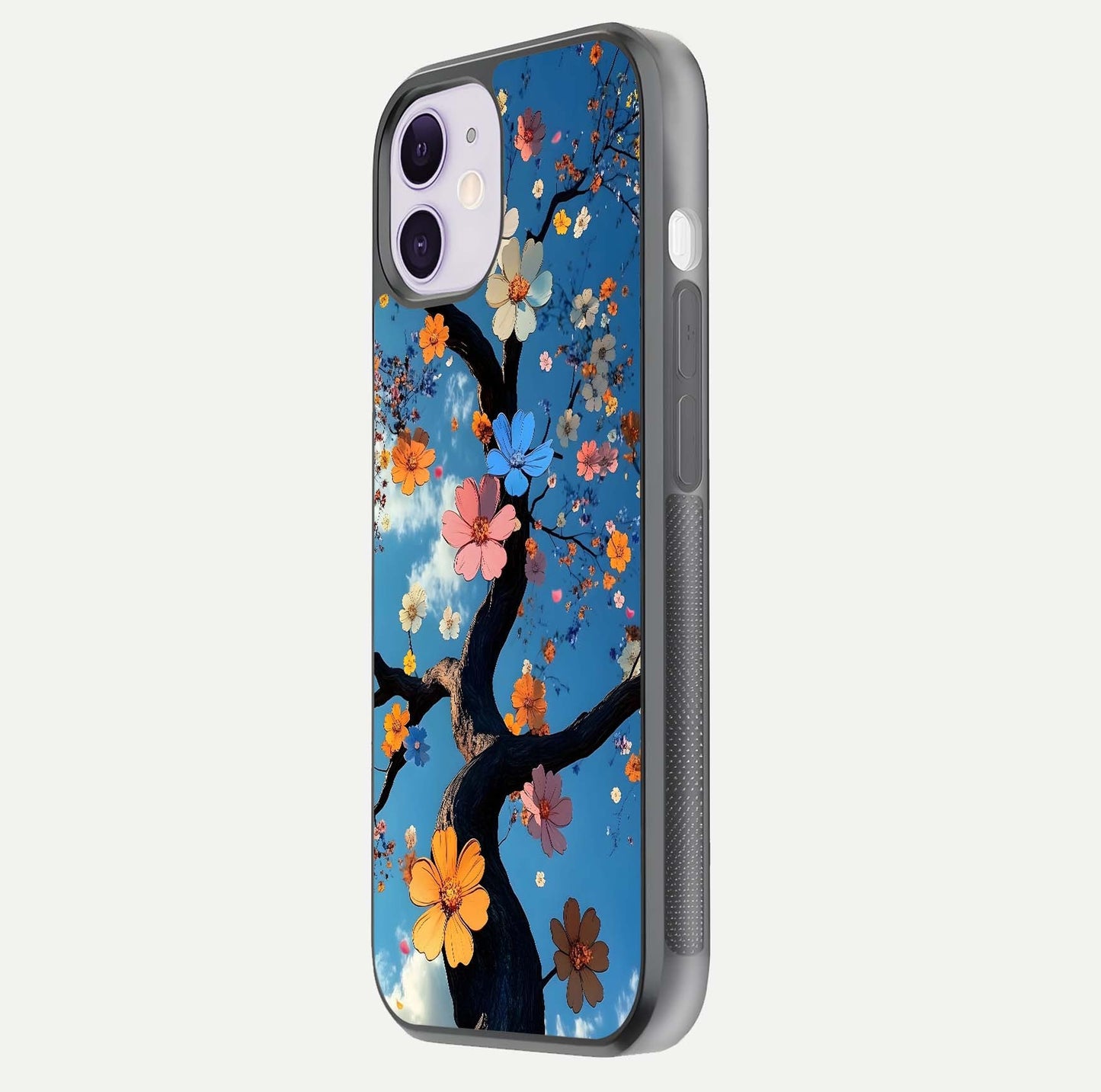 Blossom Dream Sky Glass Case for iPhone 11 side-angle photo showing flower details, edge curve, and reflection shine