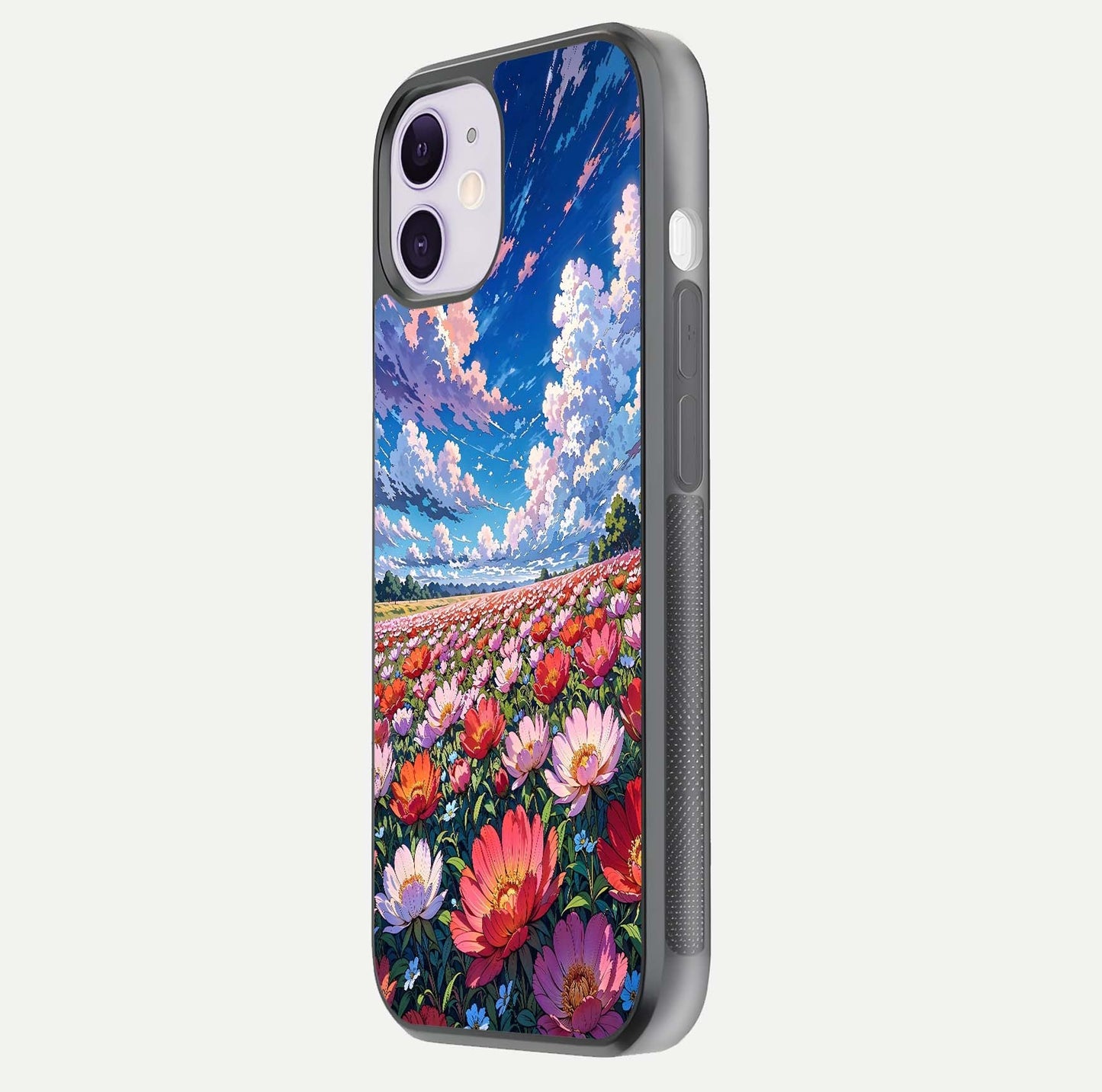Blossom Sky Field Glass Case for iPhone 11 side-angle showing sky hues, blossom texture, and reflective shine