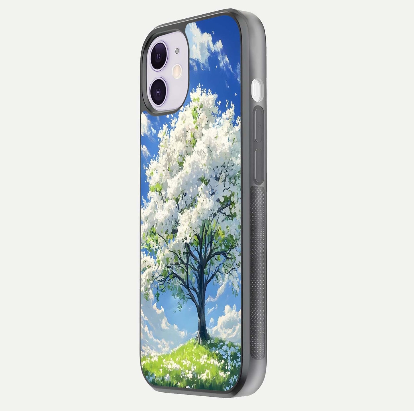 Blossom Sky Serenity Glass Case for iPhone 11 side-angle image showing elegant edge flow and light reflection