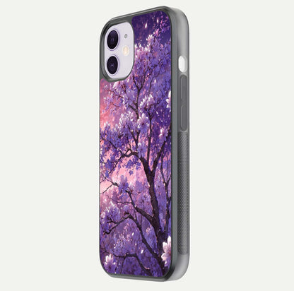 Blossom Tree Glass Case for iPhone 11 side-angle image showing floral tree artwork and reflection gloss