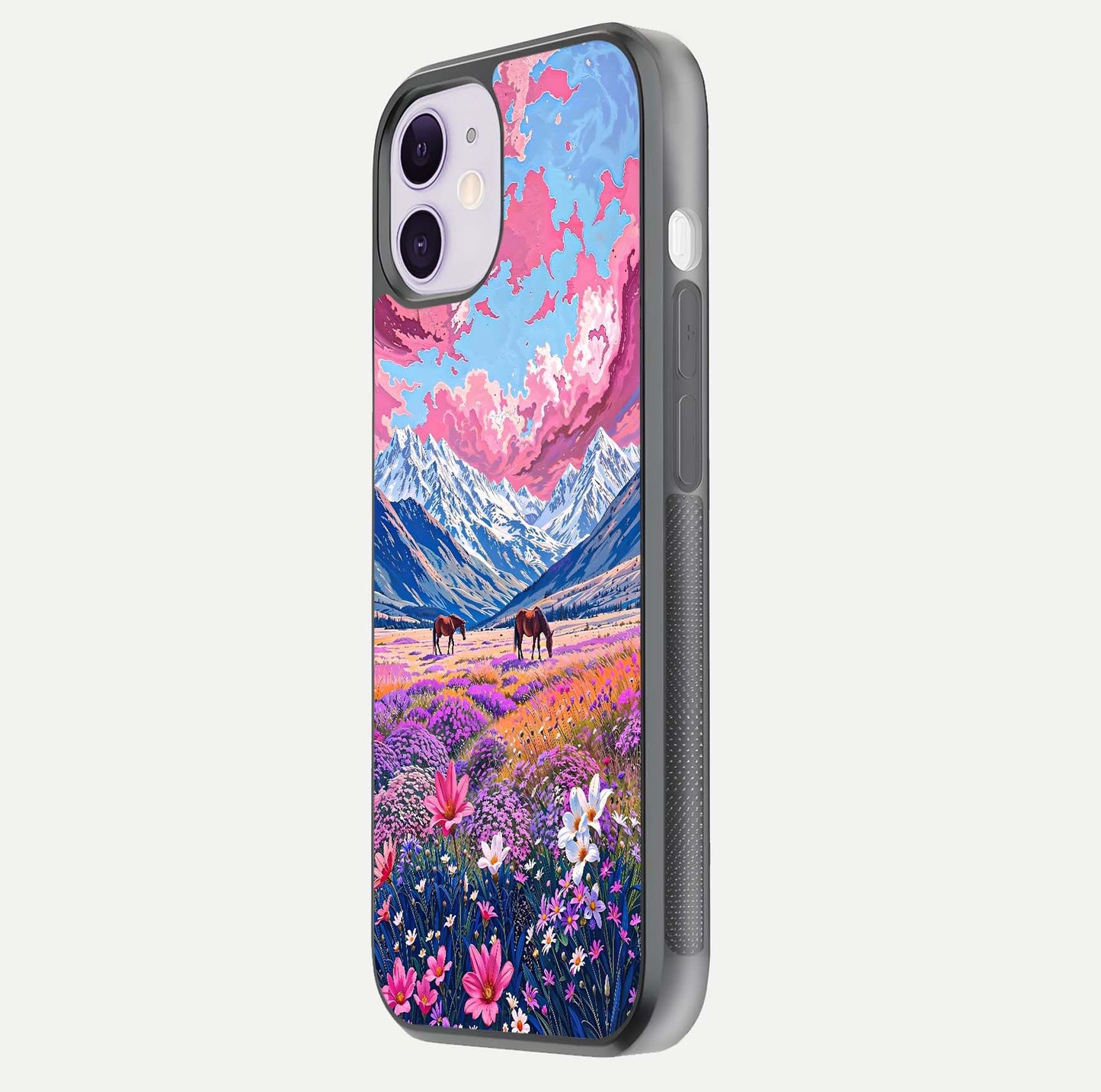 Blossom Valley Dream Glass Case for iPhone 11 side-angle shot showcasing bloom tones and gloss texture