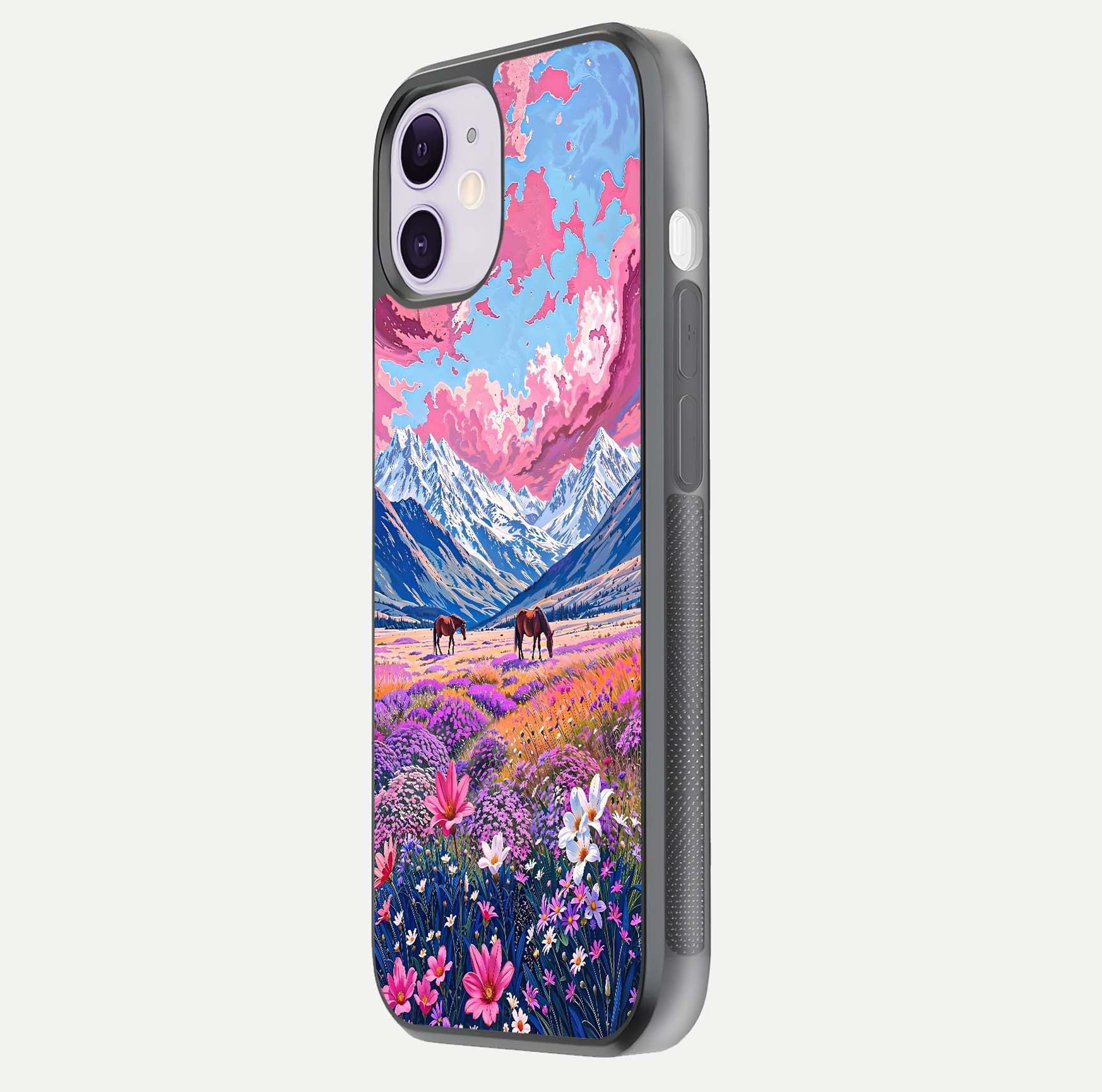 Blossom Valley Dream Glass Case for iPhone 11 side-angle shot showcasing bloom tones and gloss texture