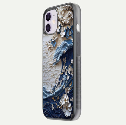 Blossom Wave Art Glass Case for iPhone 11 side-angle view showing wave-flow print and gloss edge finish