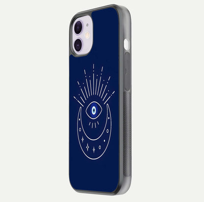 Blue Evil Eye Glass Case for iPhone 11 side-angle view showing edge glow, color balance, and reflective surface