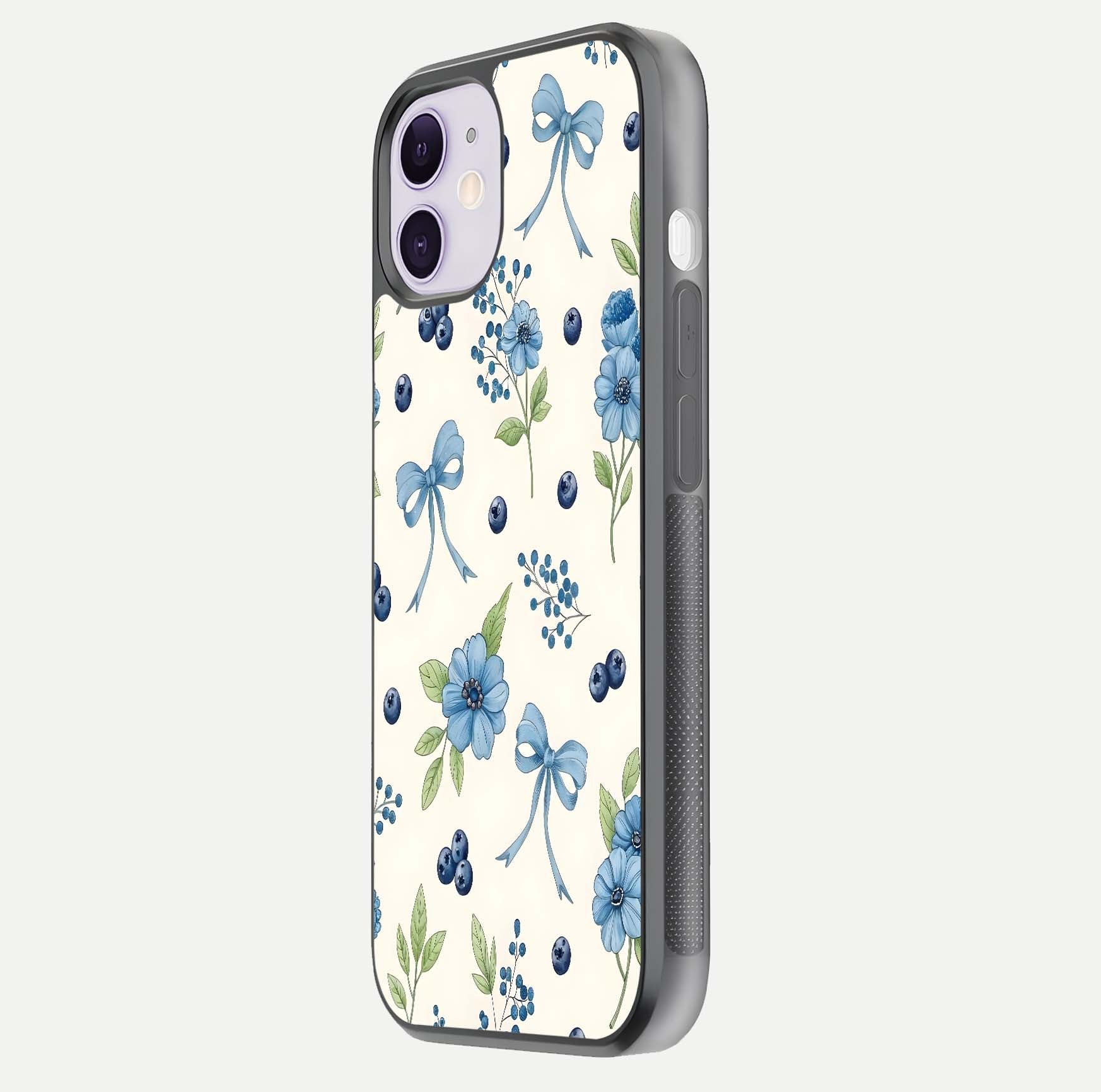 Blue Flower & Bow Glass Case for iPhone 11 side-angle image showing bow-floral mix and HD finish shine