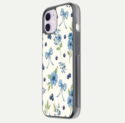 Blue Flower & Bow Glass Case for iPhone 11 side-angle image showing bow-floral mix and HD finish shine