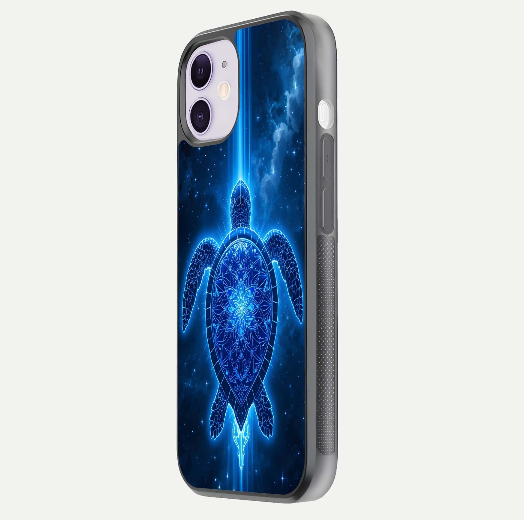 Blue Galaxy Turtle Glass Case for iPhone 11 side-angle photo capturing galaxy shine and smooth edge design