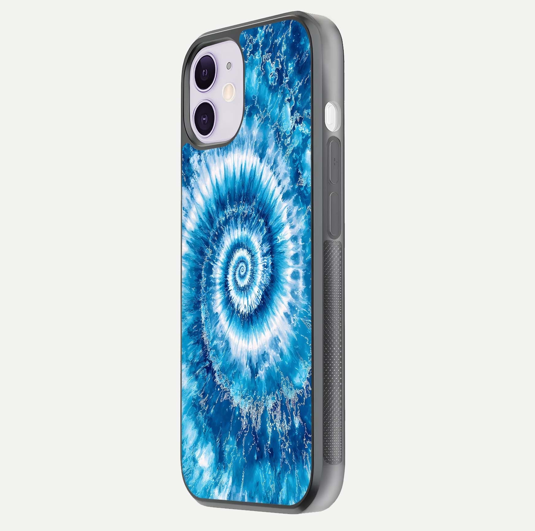 Blue Galaxy Wave Glass Case for iPhone 11 side-angle image showing wave ripple art and glass gloss