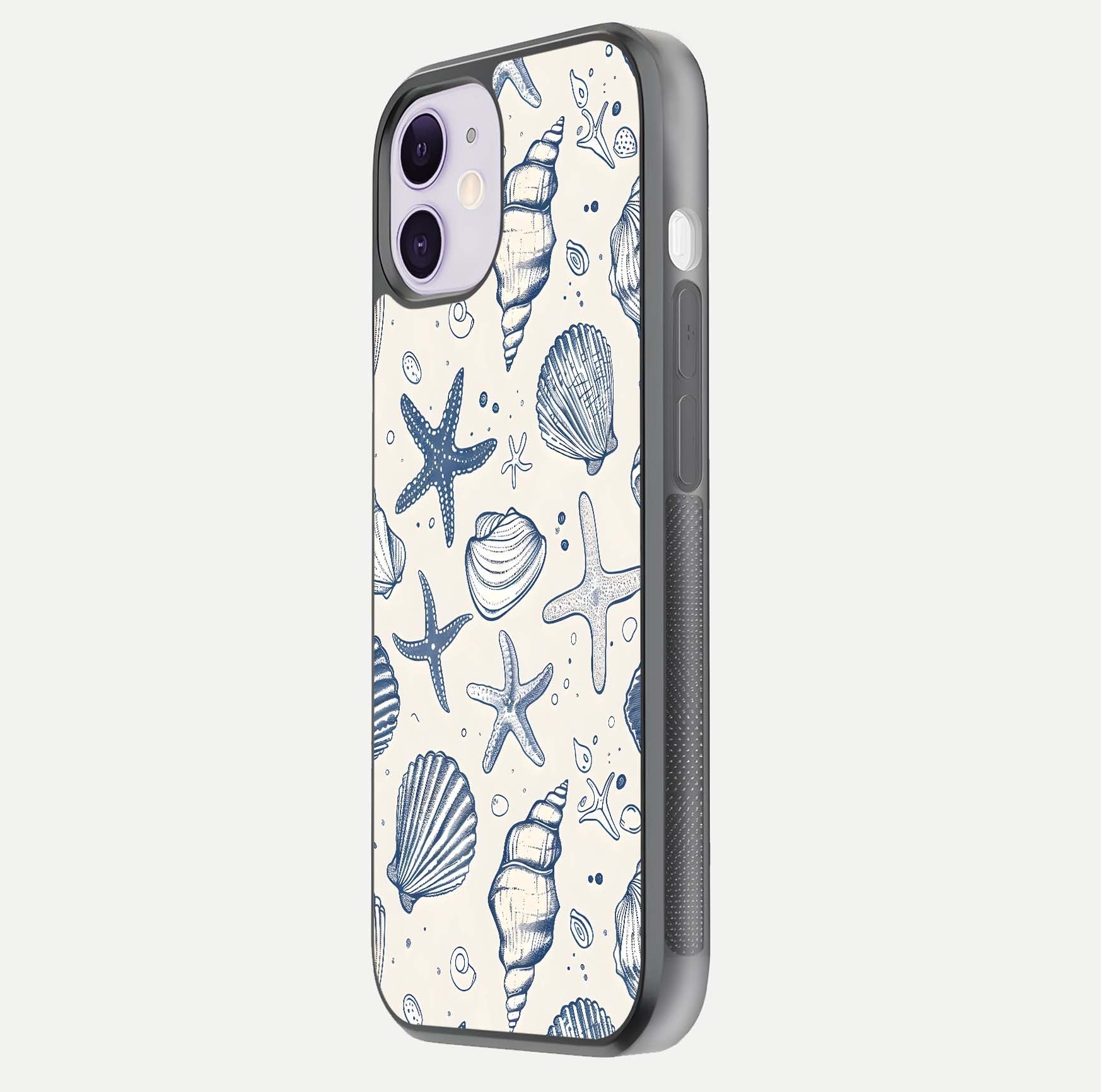 Blue Ocean Outline Glass Case for iPhone 11 side-angle view showing clear edge lines and oceanic blue glow