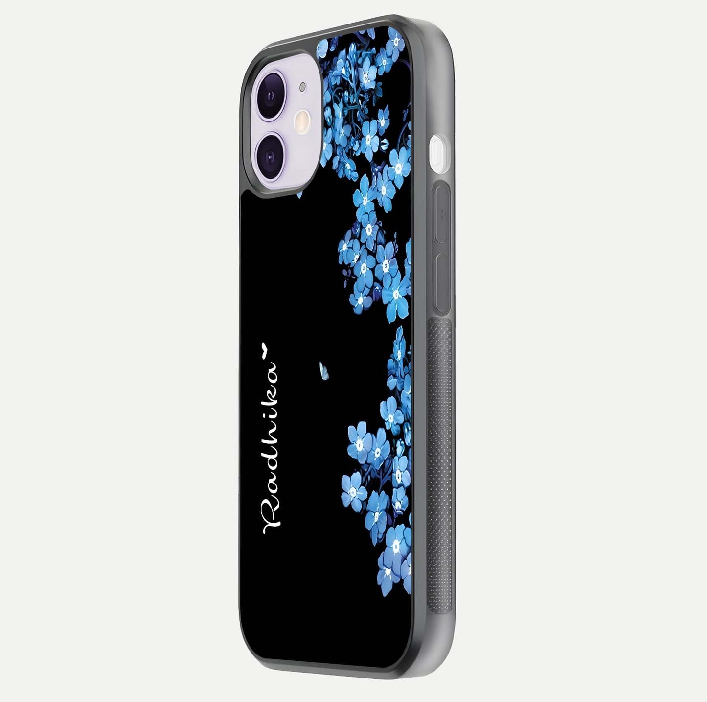 Blue Petal Dream Custom Name Glass Case for iPhone 11 side-angle image showing name print clarity and smooth gloss