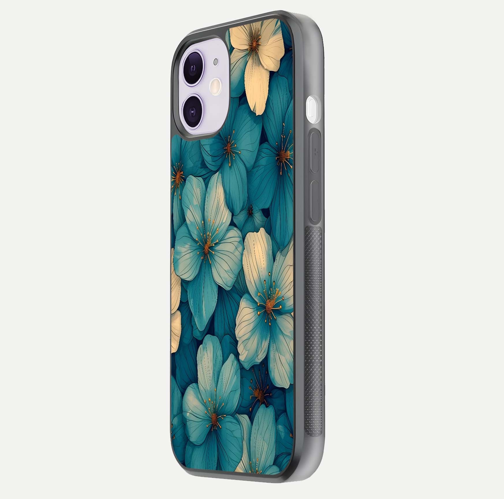 Blue Shade Floral Glass Case for iPhone 11 side-angle photo showing detailed floral hues and curved glass shine