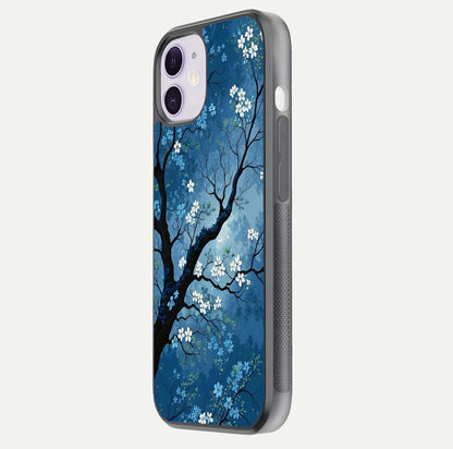 Blue Tree Serenity Glass Case for iPhone 11 side-angle shot showing glossy edge and tree pattern reflection