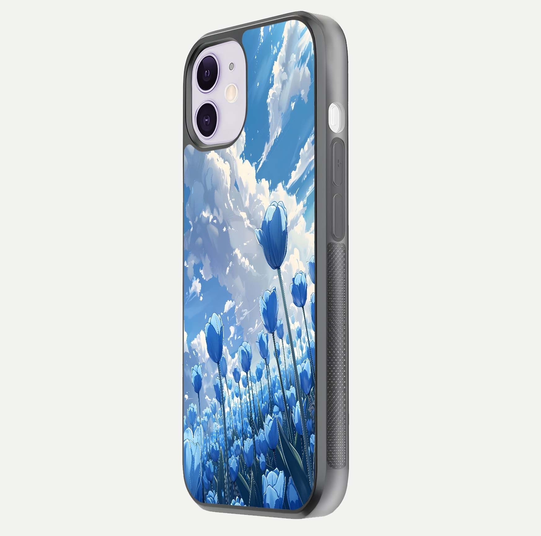 Blue Tulip Clouds Glass Case for iPhone 11 side-angle image showing edge curve and flower reflection glow