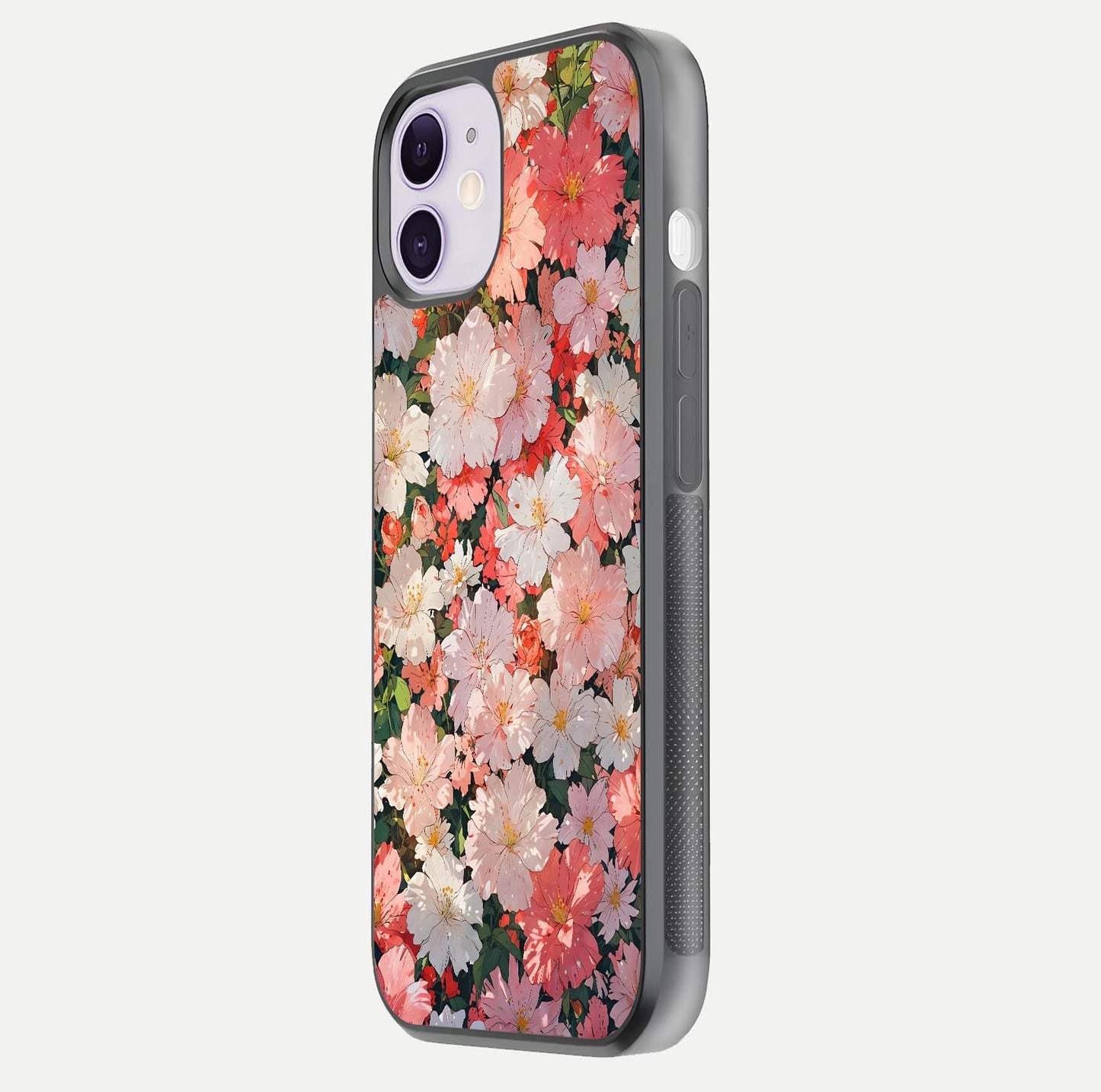 Blush Bloom Field Glass Case for iPhone 11 side-angle image showing petal pattern gloss and smooth edges