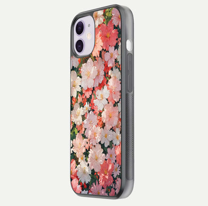Blush Bloom Field Glass Case for iPhone 11 side-angle image showing petal pattern gloss and smooth edges