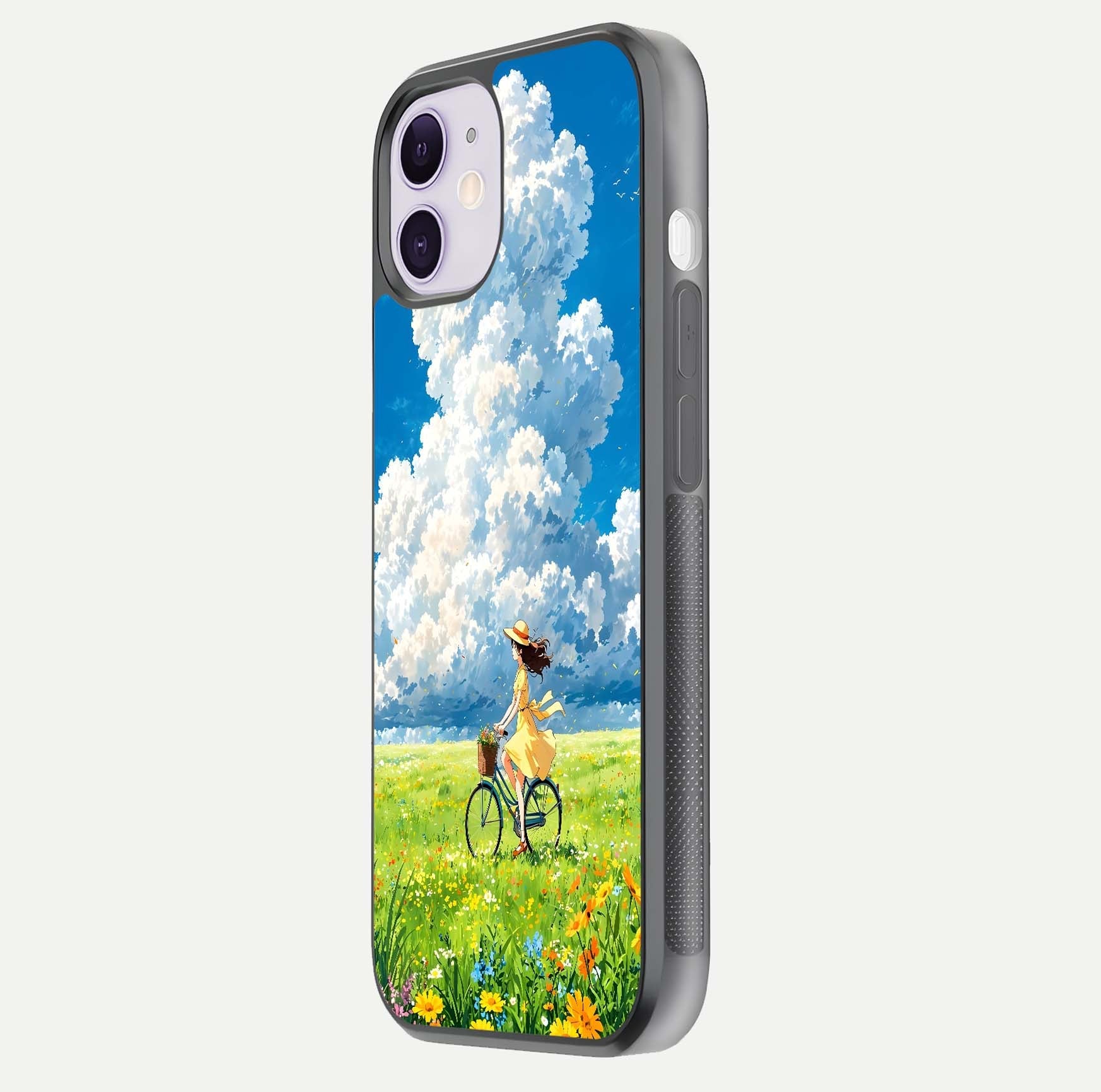 Breezy Meadow Ride Glass Case for iPhone 11 side-angle image showing floral details and edge glow