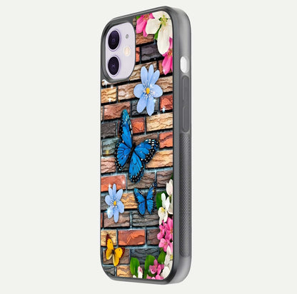 Brick Bloom Flight Glass Case for iPhone 11 side-angle photo showing curve shine and detailed petal contrast