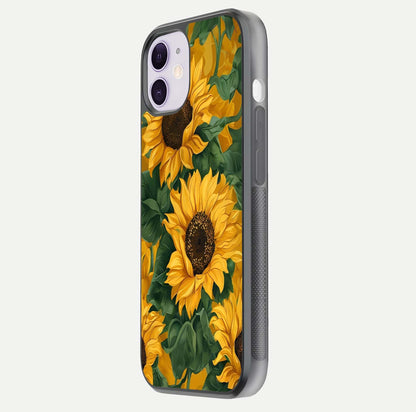 Bright Sunflower Bloom Glass Case for iPhone 11 side-angle image showing shine texture and detailed bloom