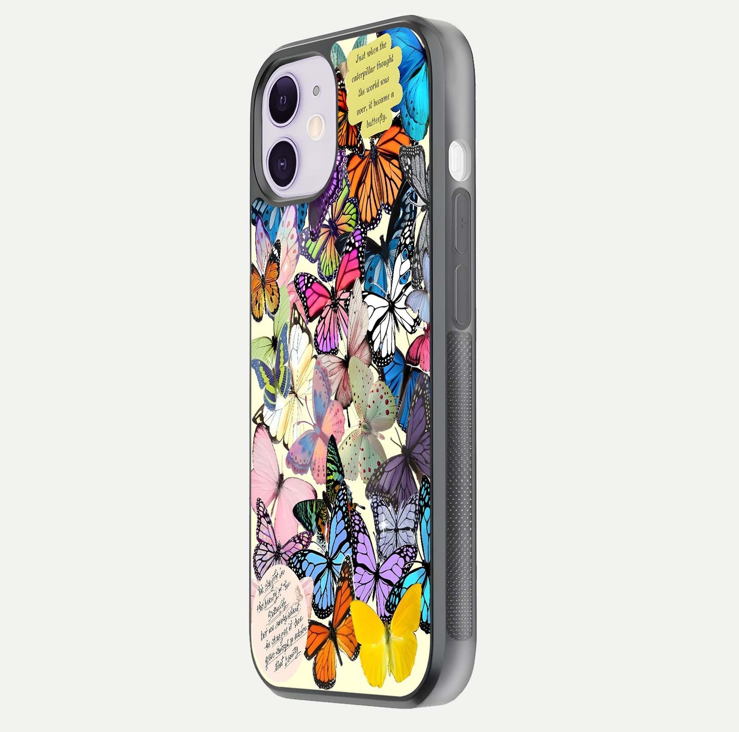 Butterflies Petal Dream Glass Case for iPhone 11 side-angle shot showing butterfly motion and curved edges