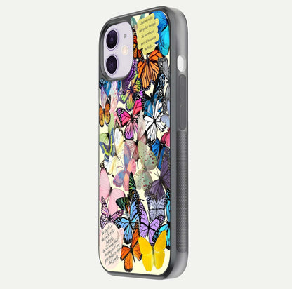 Butterflies Petal Dream Glass Case for iPhone 11 side-angle shot showing butterfly motion and curved edges