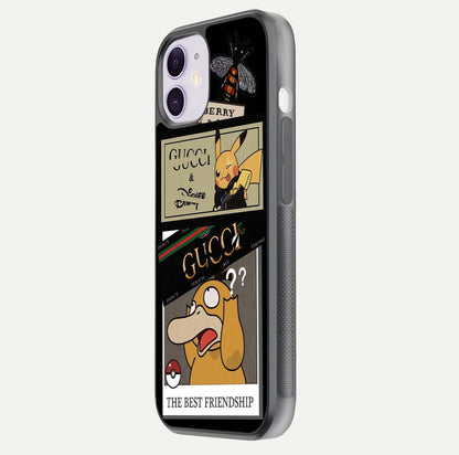 Cartoon Brand Play Mashup Glass Case for iPhone 11 side-angle image showing reflection brightness and fun graphic mix