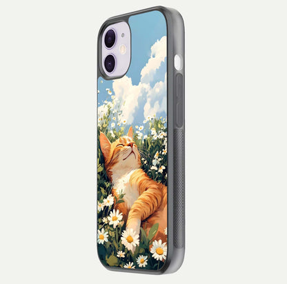 Cat & Flowers View Glass Case for iPhone 11 side-angle image capturing cat print clarity and gloss tone