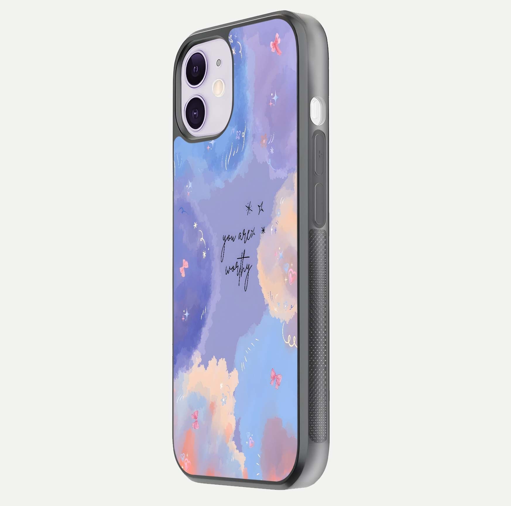 Celestial Cloud Magic Glass Case for iPhone 11 side-angle photo showing edge reflection and dreamy texture