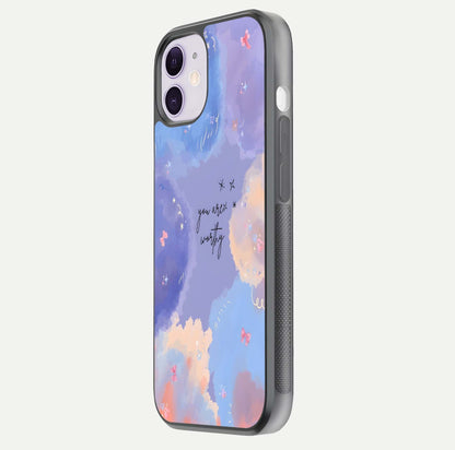 Celestial Cloud Magic Glass Case for iPhone 11 side-angle photo showing edge reflection and dreamy texture