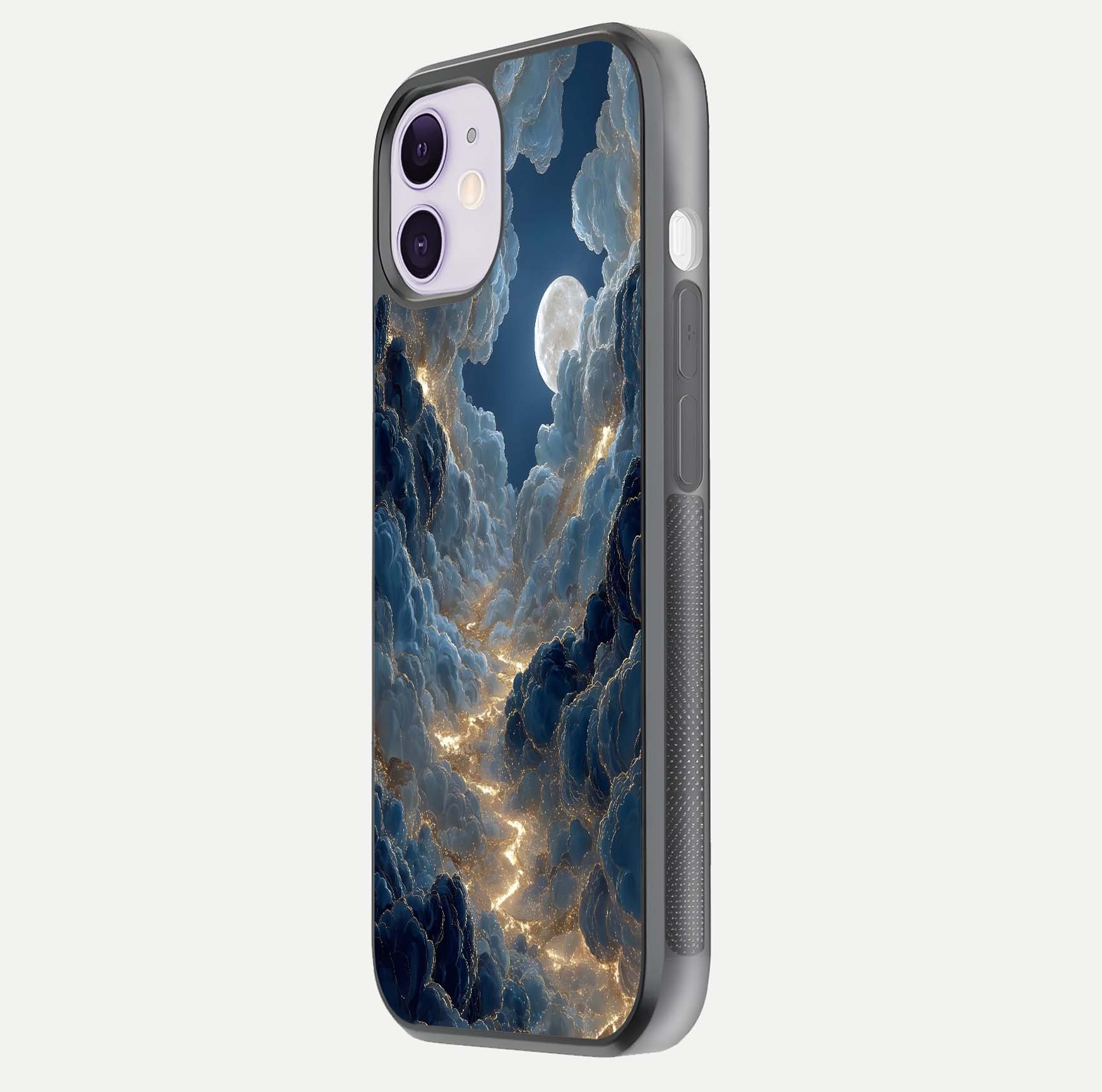 Celestial Cloud Road Glass Case for iPhone 11 side-angle image showing soft pastel tones and edge clarity