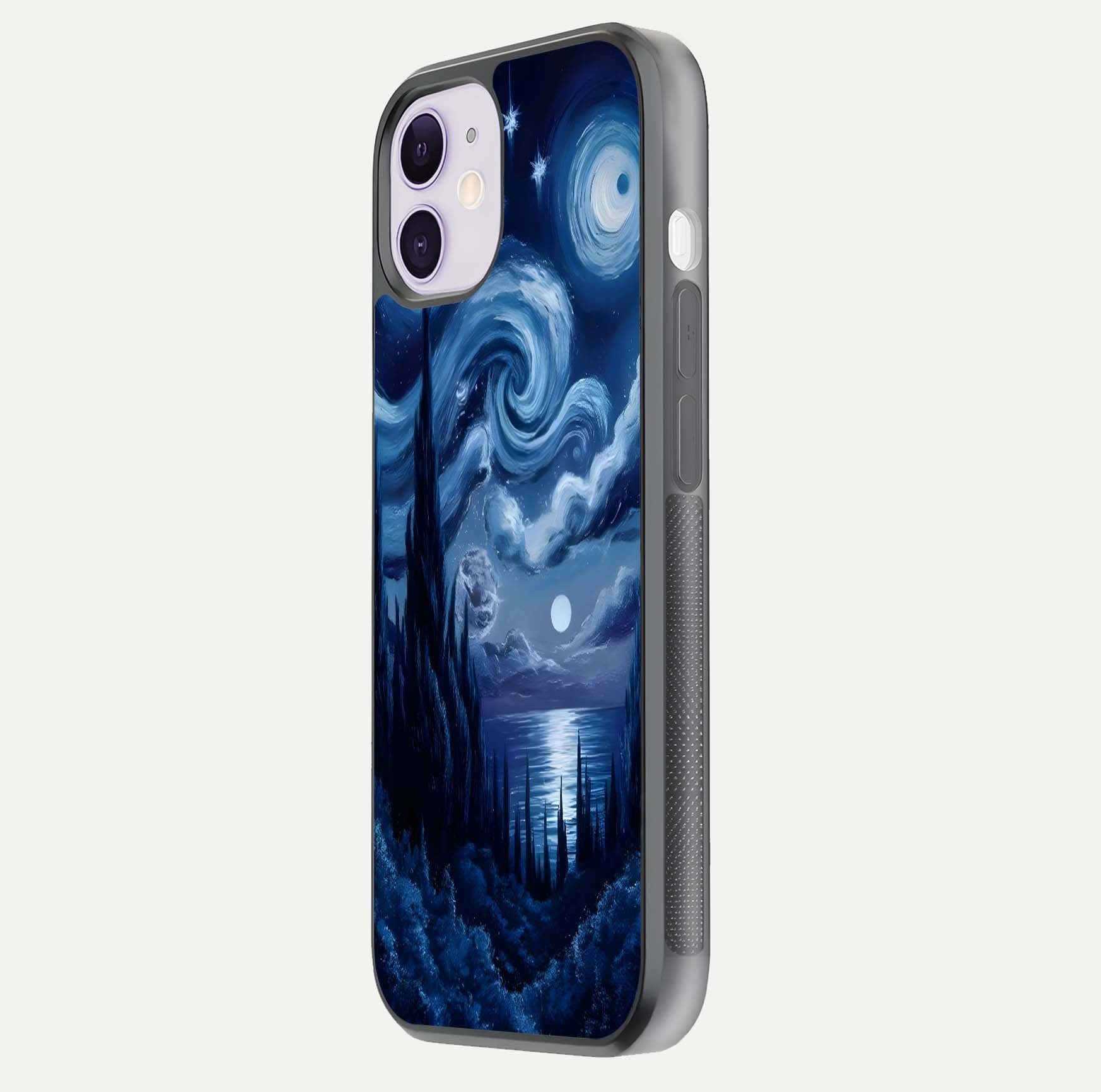 Celestial Dream Van Gogh Glass Case for iPhone 11 side-angle photo showing depth swirl design and curved reflection