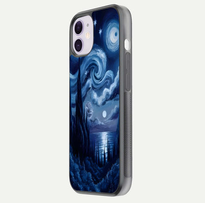 Celestial Dream Van Gogh Glass Case for iPhone 11 side-angle photo showing depth swirl design and curved reflection