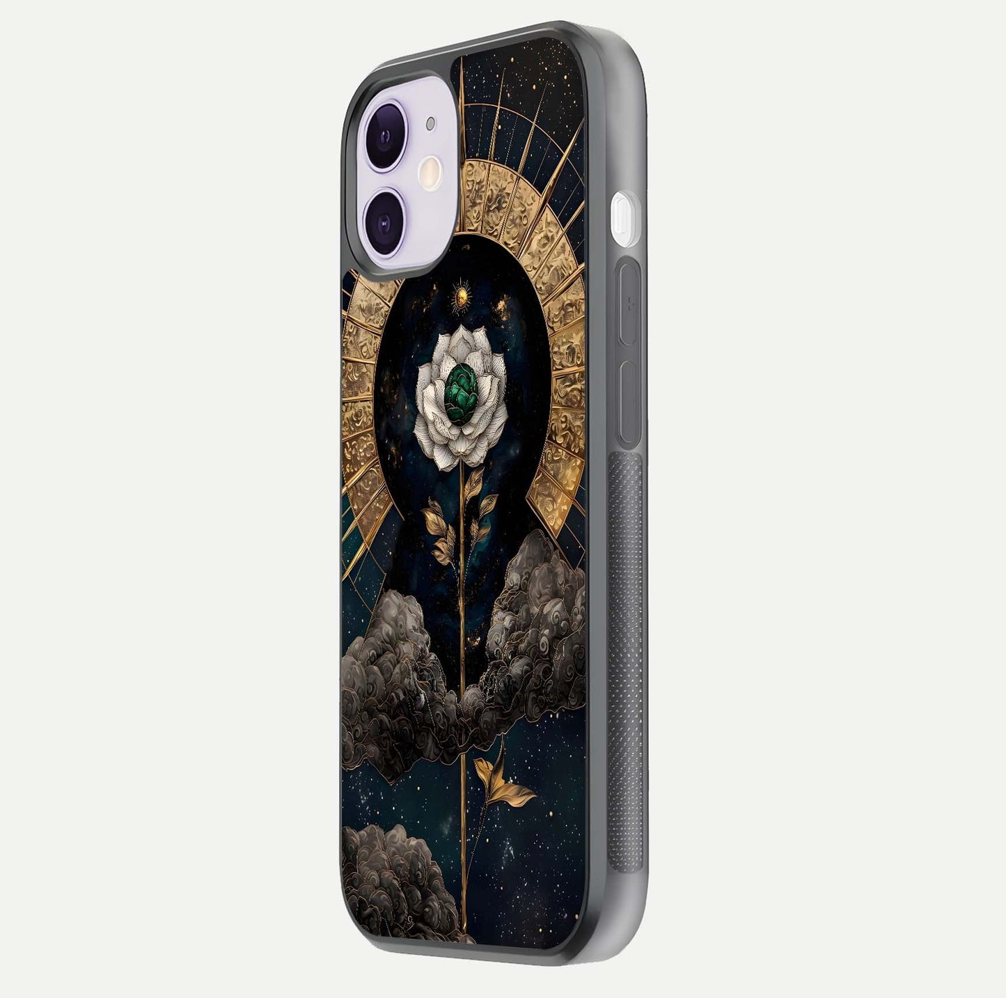 Celestial Lotus Morang Glass Case for iPhone 11 side-angle image capturing shine and smooth curvature