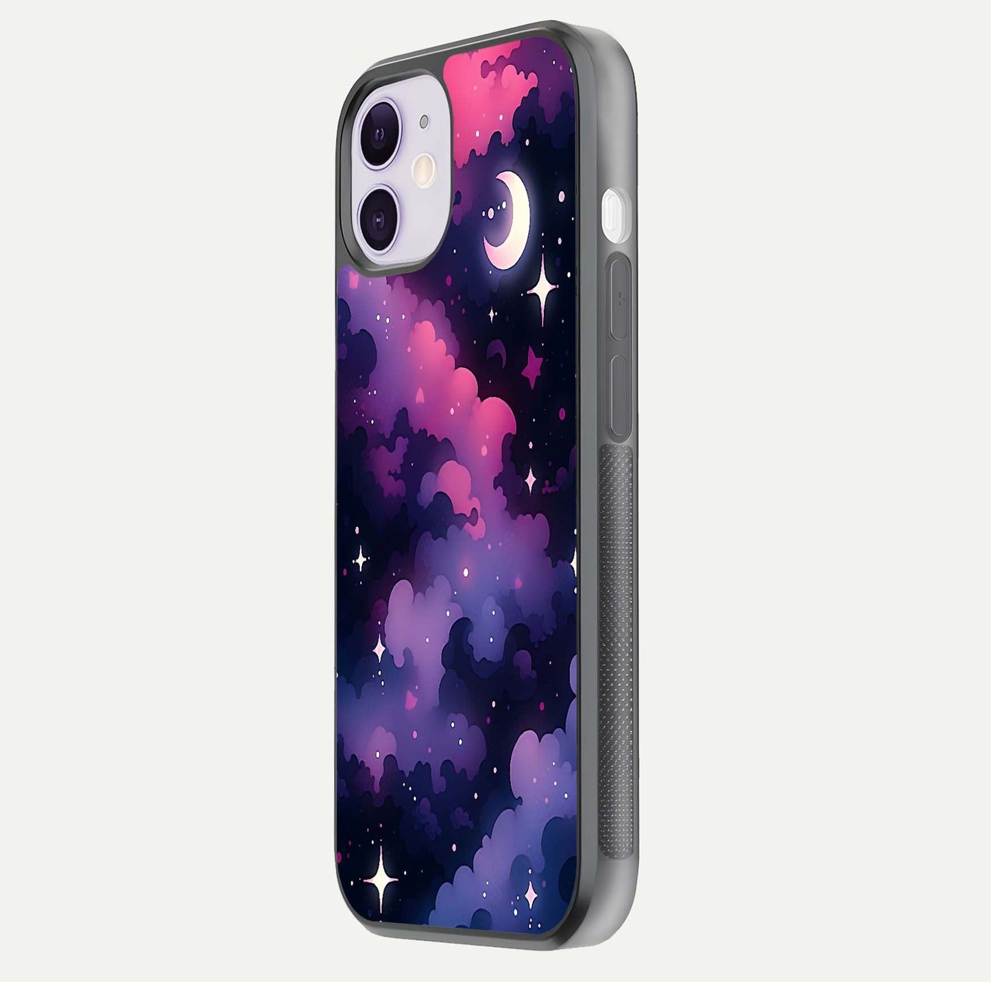 Celestial Moon Magic Glass Case for iPhone 11 side-angle shot capturing soft reflection and curved gloss