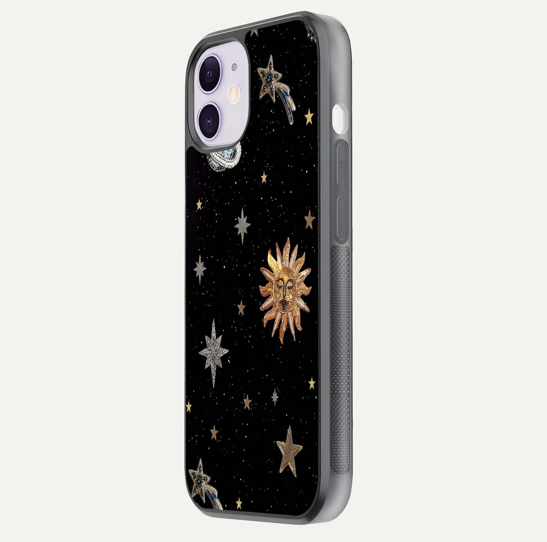 Celestial Moon With Stars Glass Case for iPhone 11 side-angle view showing curved edges and shimmer glow