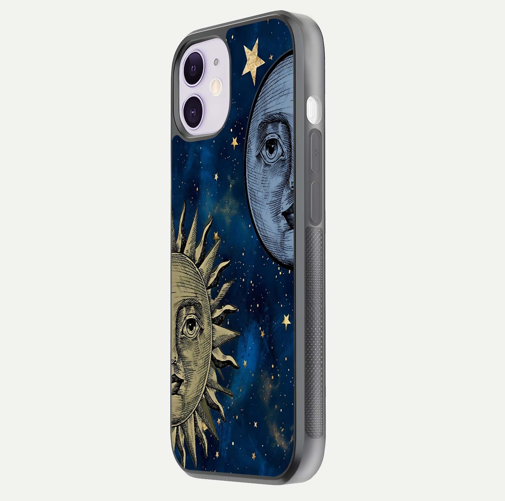 Celestial Moon With Sun Glass Case for iPhone 11 side-angle image showing reflection tones and cosmic edge