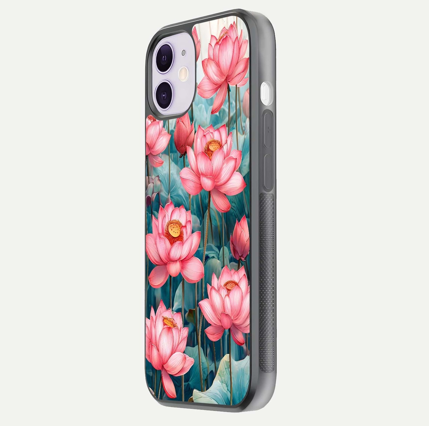 Celestial Pink Lotus Glass Case for iPhone 11 side-angle image showing reflective shine and petal curve