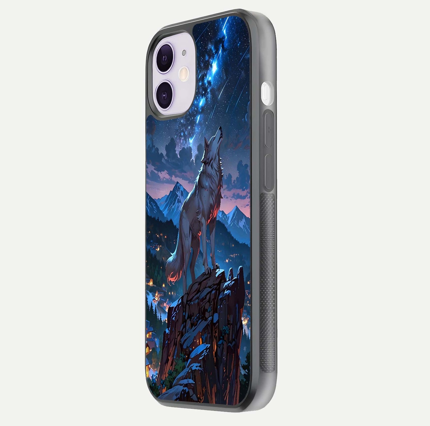 Celestial Wolf Howl Glass Case for iPhone 11 side-angle image showing curve polish and moon glow