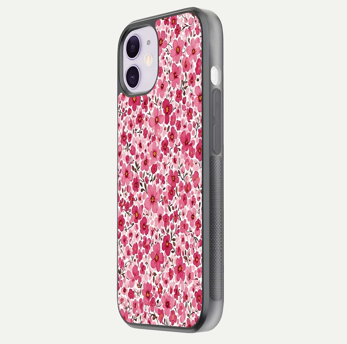 Cherry Blossom Charm Glass Case for iPhone 11 side-angle image showing reflection gloss and soft texture
