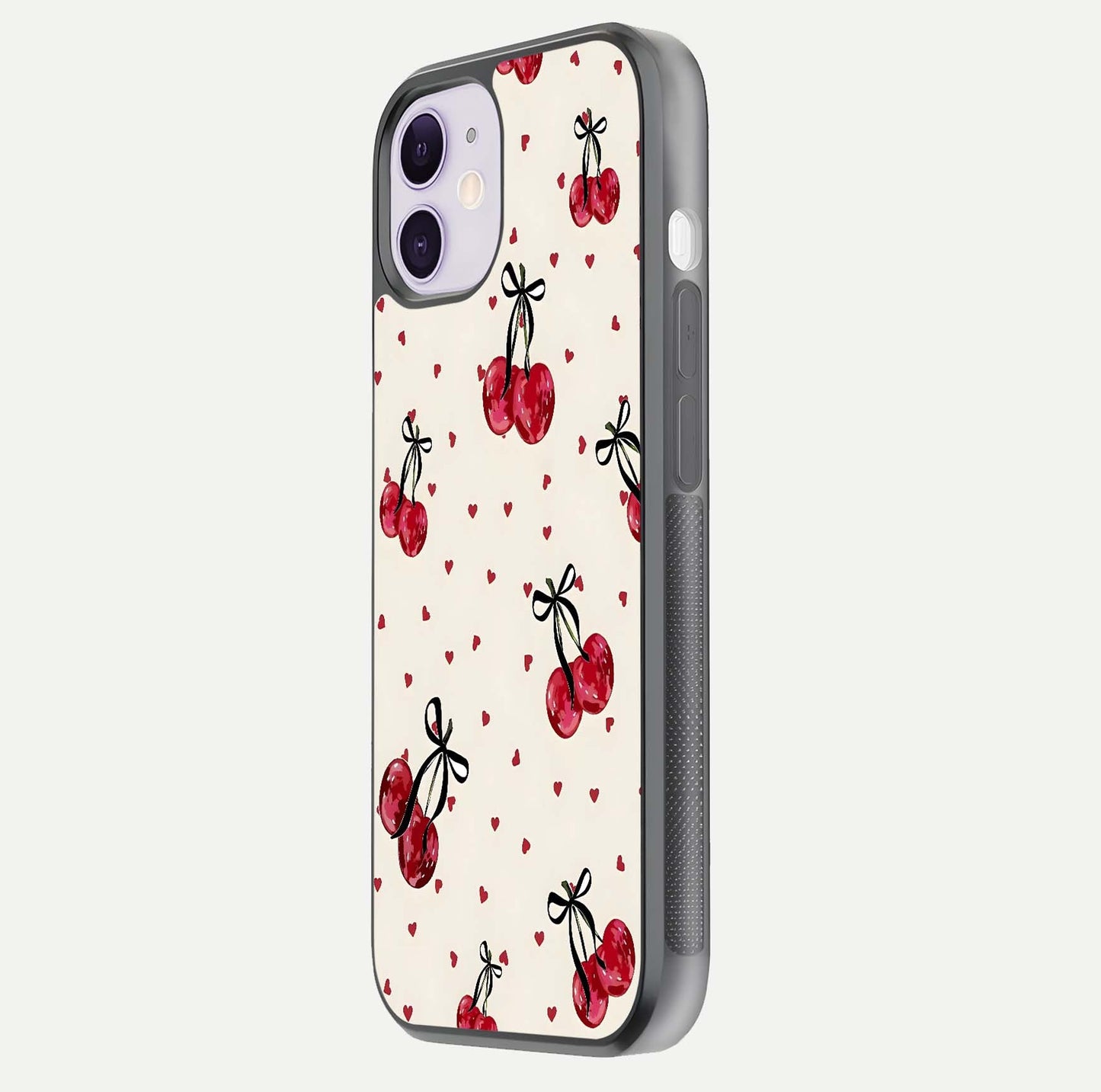 Cherry Heart Bow Glass Case for iPhone 11 side-angle image capturing gloss texture and charm bow art