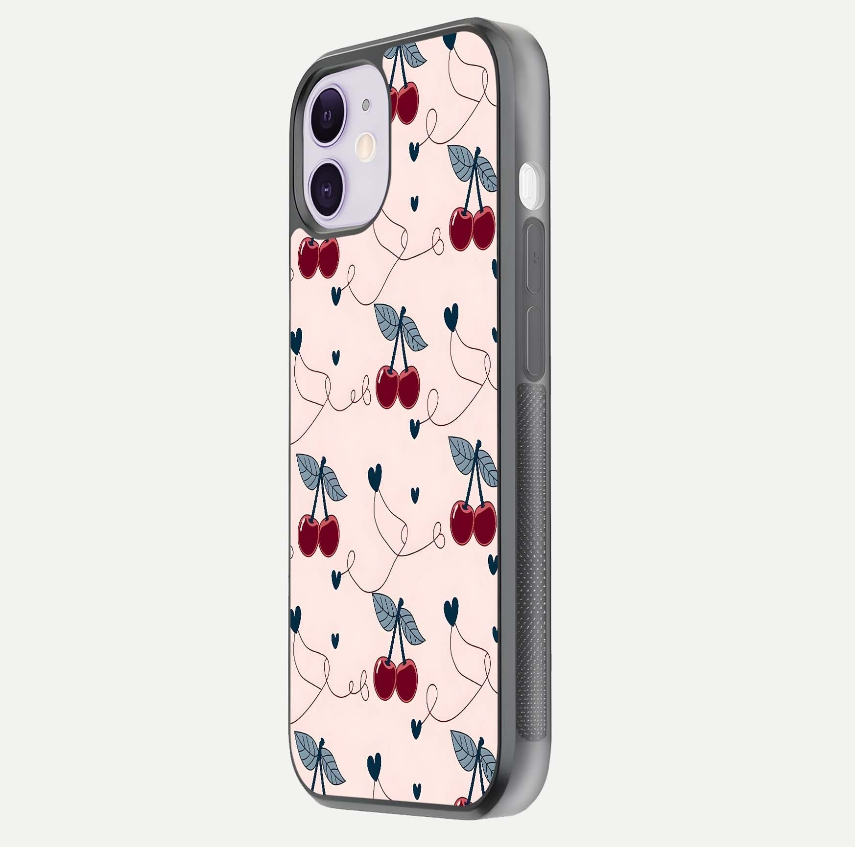 Cherry Heart Line Glass Case for iPhone 11 side-angle view capturing smooth curves and shine effect
