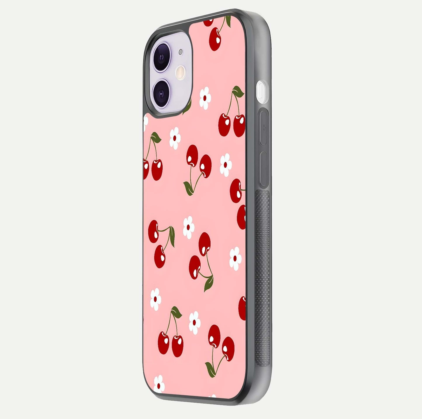Cherry Love Mood Glass Case for iPhone 11 side-angle image capturing smooth gloss and delicate details