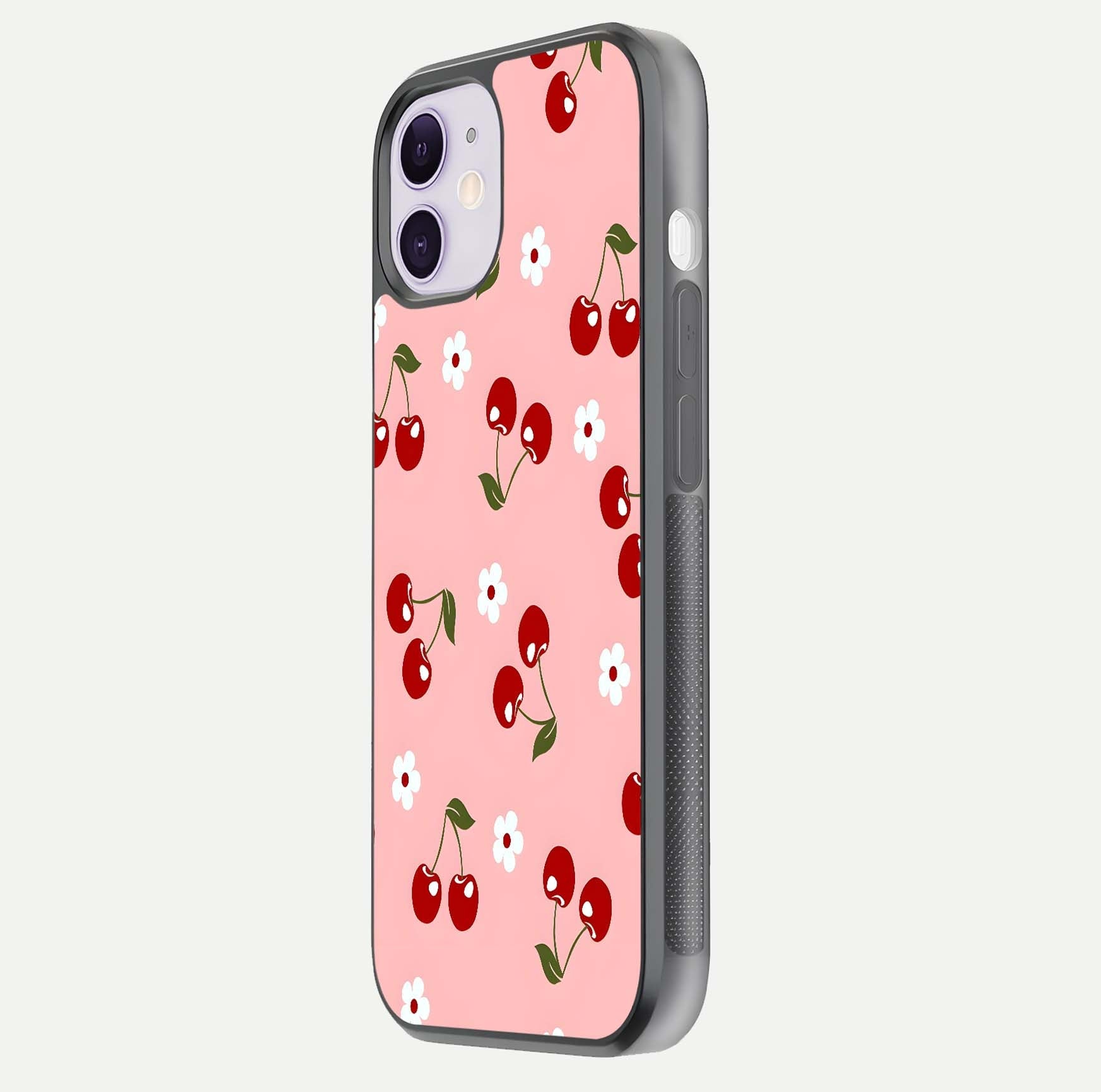 Cherry Love Mood Glass Case for iPhone 11 side-angle image capturing smooth gloss and delicate details